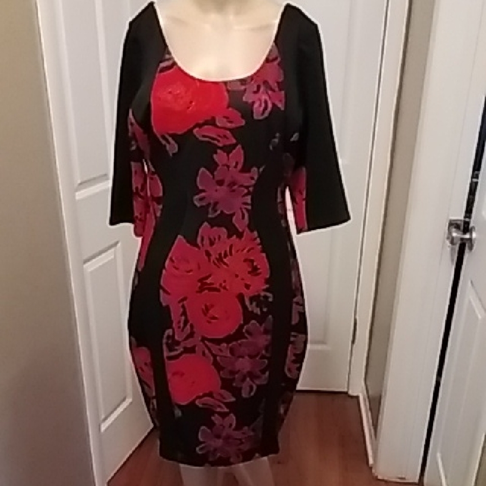 Signature by Sangria Black and Red Floral Long Sleeve Dress